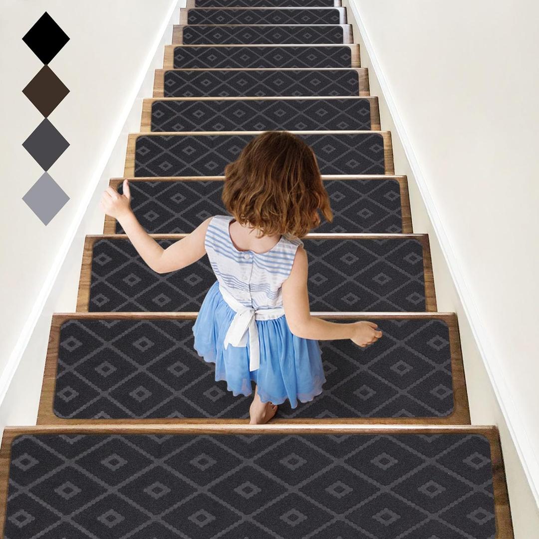 RIOLAND Non-Slip Carpet Stair Treads for Wooden Steps, 15 Pack Indoor Stair Runner with Reusable Adhesive Modern Anti Moving Safety Stair Rugs for Kids Dogs & Elders, 8" X 30", Rhombus Gray