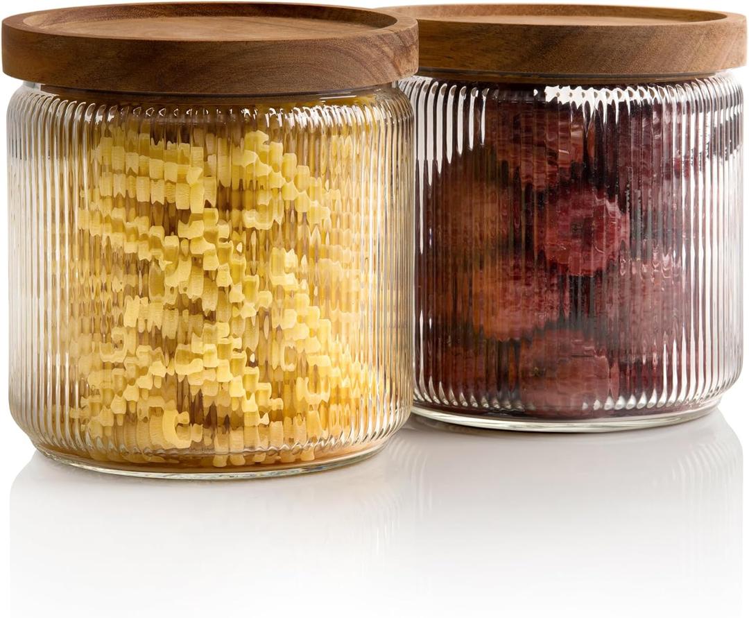 Mason & Fable Ribbed Glass Jar, Stackable & Airtight Wooden Lid- Storage Canister for Cereal, Pasta, Rice/Flour - High End Look for Kitchen, Pantry, Bar Organization - 40oz, Set of 2
