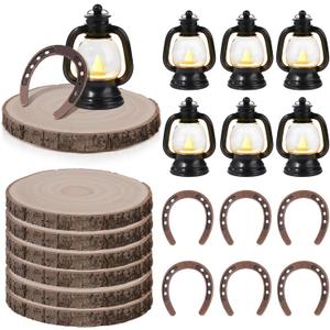 10PCS Western Party Decorations Mini Cowboy Centerpieces Lantern with LED Candle Wooden Plate Lucky Horseshoe Table Centerpieces Supplies for Western Cowboy Theme Birthday Wedding Party Favors Decor