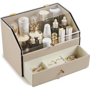 Leather Makeup Organizer & Skincare Storage Rack - Cosmetic Display Case with Dustproof Transparent Cover, Drawer Jewelry Storage, for Bedroom Vanity, Perfume & Lipstick Organizer (Beige)