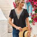 siliteelon Womens Blouses Boho Lace V Neck Short Sleeve Eyelet Shirts Summer Dressy Casual Beach Vacation Tops (Black)