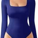ALGALAROUND Women's Square Neck Long Sleeve Bodysuit Sexy Body Suit Tops Double Lined Curve Embracing (Pink, M)