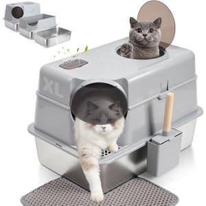 Stainless Steel Litter Box with Lid, XL Enclosed Metal Cat Litter Box