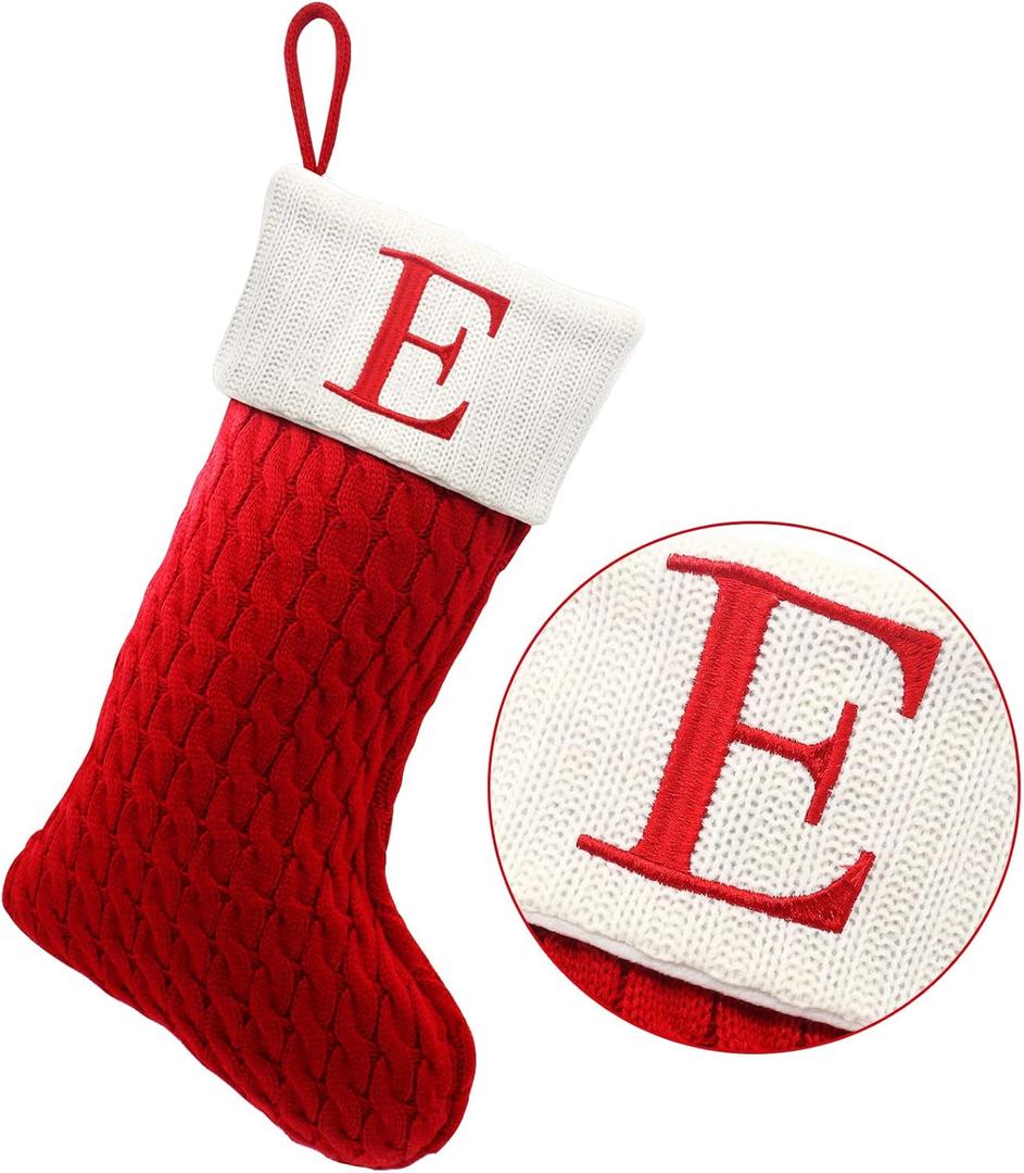 ZOEA 20 Inches Christmas Stockings with Initials, Large Embroidered Letter Knit Christmas Stocking for Family Holiday Decorations and Xmas Gift (E, Red)