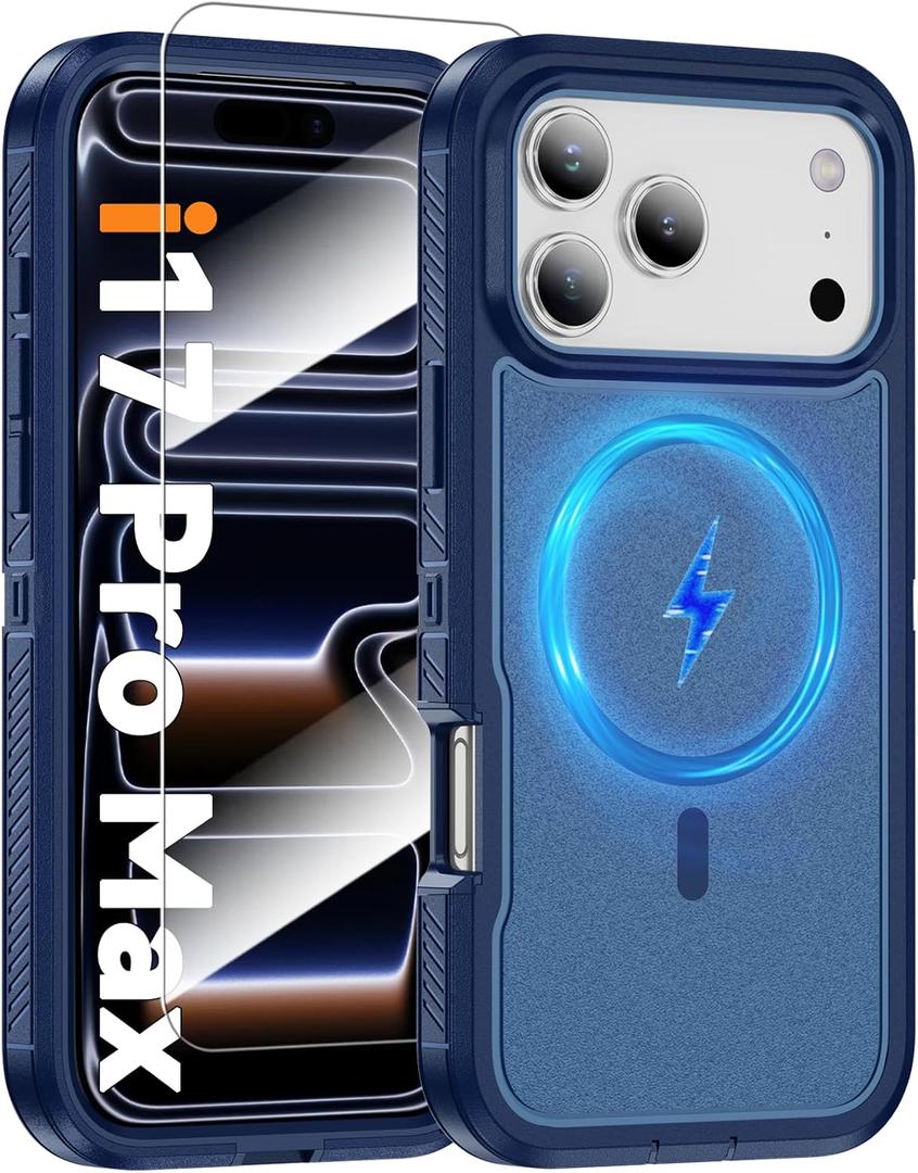 Magnetic Case for iPhone 17 Pro Max [Compatible with Magsafe] [Glass Screen Protector] [Dual Layer Military-Grade Protection] Heavy Duty Shockproof Cover for iPhone 17 Pro Max 6.9 inch, Blue