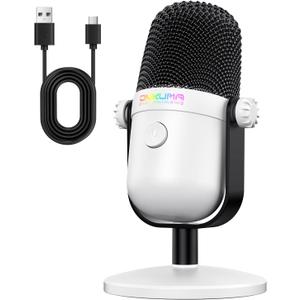 Gaming Microphone with Noise Cancellation & Mute Button, USB Condenser Mic for Streaming/Recording, Ultra-Compact Design, Compatible with PC/Mac/PS4/PS5, Podcast/YouTube/Twitch/Discord (White)