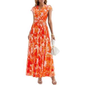 PRETTYGARDEN Women's Summer Dresses 2026 Flutter Short Sleeve V Neck Floral Mesh Dress Flowy Beach Vacation Long Dresses, X-Large, Orange Floral