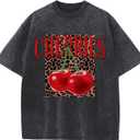 Oversized Cherry Graphic Tees for Women Vintage Leopard Cherry Fruit Shirt Acid Wash Crewneck Streetwear T Shirts Top (Gray, XL)