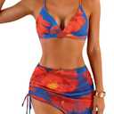 Aidonger Drawstring Bikini Sets for Women V Neck Two Piece Swimsuit Tie Back Bathing Suit Mesh Sheer Swim Skirt Size M