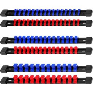 Socket Organizer Holder Set: 6-Piece Premium Quality Socket Rail with Labels for Tool Box Drawer Blue and Red, 1/4-Inch x 32 Clips, 3/8-Inch x 30 Clips, 1/2-Inch x 24 Clips