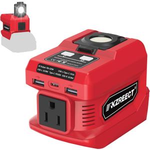 220W Portable Power Inverter Compatible with Milwaukee 18V Battery, Converts DC 18V to AC 110V with AC Outlet, USB-C PD, Dual USB-A & 400 Lumen LED  Outdoor, Camping & Emergency Use (Red)