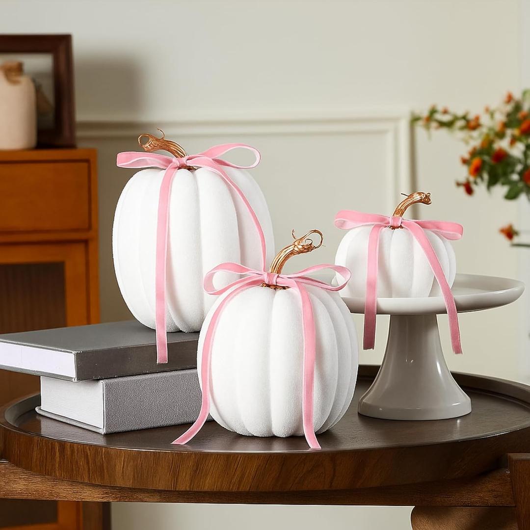 Wesiti 3 Pack Large Artificial Flocked Pumpkins, 7.9 Inch 6.7inch 3.9 Inch Fall Fake Foam Pumpkins for Autumn Home Decor Halloween Thanksgiving Table Centerpiece Decor(White)