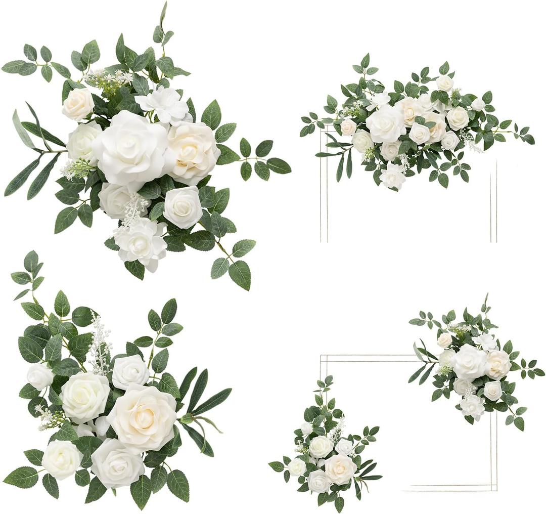 Ling's moment 2pcs White Wedding Artificial Floral Swag Welcome Sign Flowers Backdrop Garland Green for Ceremony Reception Door Wall Easel Home Decoration Entryway Faux Outdoor Board Table Decor
