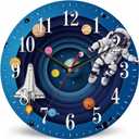 Mxocom Spaceman Flying Wall Clock Cartoon Astronaut Floating Space Rocket Planet 10 Inch Silent Non Ticking Battery Operated Clock Vintage Round Clock for Living Room Bedroom Bathroom Office Decor