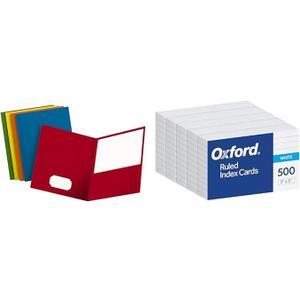Oxford 25 Two-Pocket Folders Letter Size Assorted Colors 3x5 Ruled Index Cards
