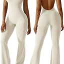 OEAK Womens Flare Jumpsuit with Bra Tummy Control Cutout Romper Workout Outfit Sleeveless Unitard One Piece Backless Bodysuit (X-Small, Beige)