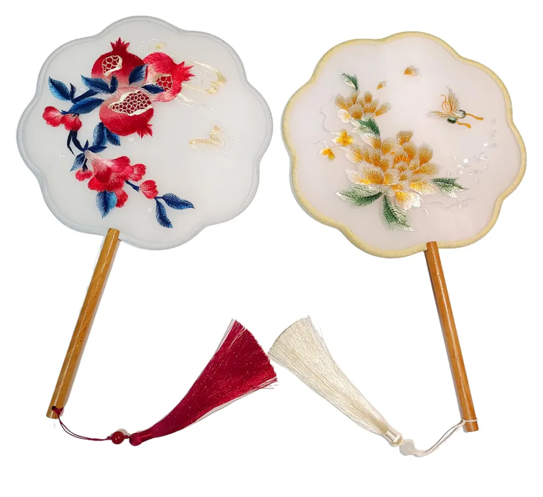 Lady's round hand fan,Two styles kit-Peony and pomegranate flower style,Chinese double-sided embroidery-Suitable for parties, decorations, dance performances, etc
