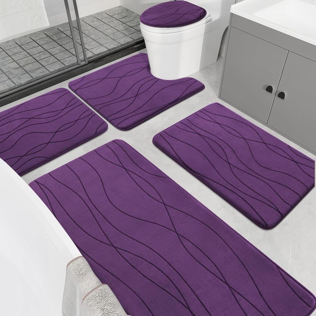 YIHOUSE Memory Foam Purple Bathroom Rug Sets 5 Piece, Ultra Absorbent Bath Mat for Bathroom - Non-Slip Machine Washable & Dry Quickly, 5 Piece Bathroom Mat Set, Purple (1'8" x 3'10" (Rectangular))