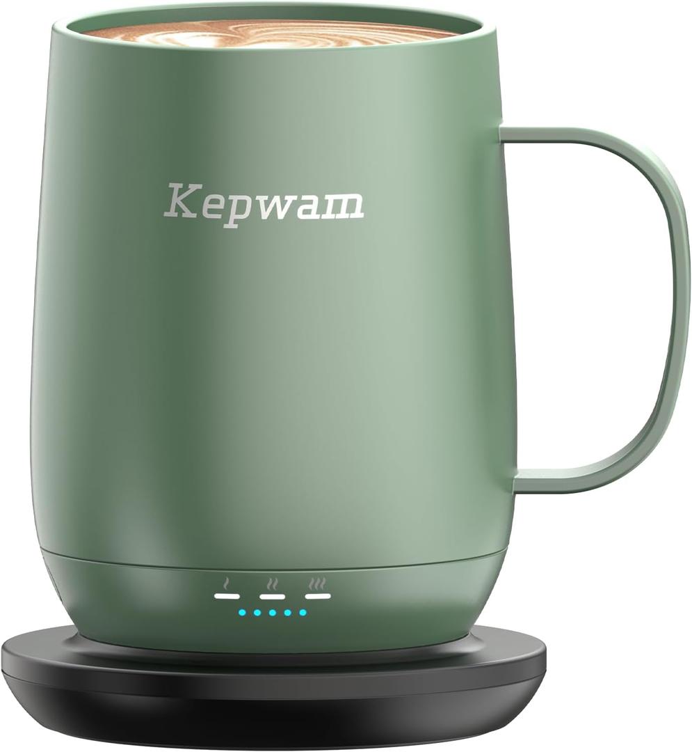 Kepwam Self Heating Coffee Mug T2, 16oz Smart Heated Coffee Mug, 150 Min Battery Life - Hot up to 149 Temperature Control Coffee Mug Warmer, Gifts for Dad Mom (No APP) (Sage Green)