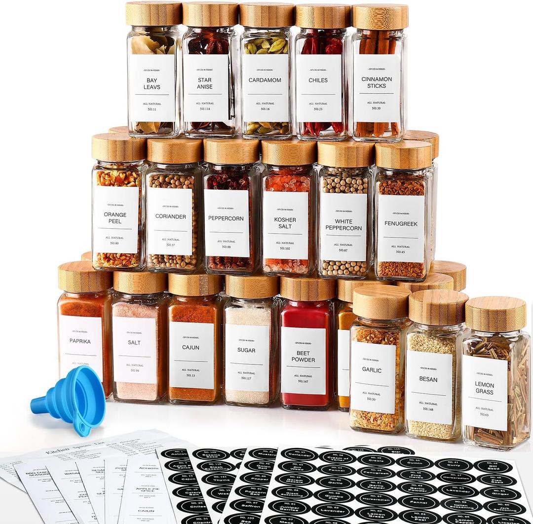 DWTS DANWEITESI 36 Pcs Glass Spice Jars - 4oz With Bamboo Lids, Empty Bottles With Labels, Kitchen Spice Jars With Shaker Lids