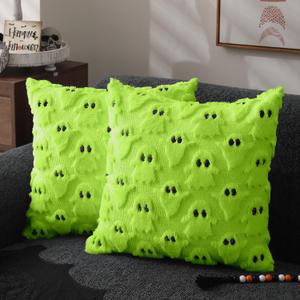 DFXSZ Halloween Pillow Covers 16x16 inch Set of 2 Green Ghost Throw Pillow Cases Soft Plush Faux Fur Wool Couch Cushion Case for Chair Sofa Bedroom Living Room Home Decor PTK03Y16