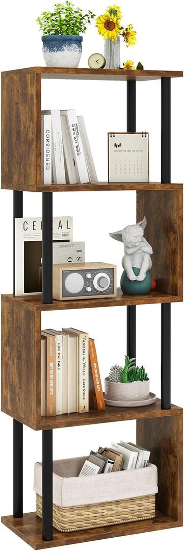 IBUYKE 5Tier Tall Bookshelf,SShaped Geometric Bookcase, Wood Display Shelves with Storage,Industrial Bookshelf for Living Room Bedroom, Home Office, Rustic Brown WBC015H