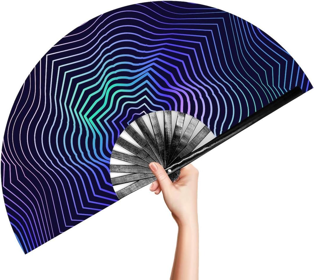 OMyTea Rave Clack Hand Fan for Men/Women - Large Chinese Japanese Bamboo Folding Handheld Fan - for EDM, Music Festival, Club, Event, Party, Dance, Performance, Decoration, Gift (Illusion Trippy) (Illusion Trippy)