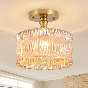 Semi Flush Mount Ceiling Light, Vintage Small Ceiling Light Fixture with Amber Glass Shade for Kitchen,Hallway, Living Room,Bedroom,Corridor, Bulb Not Included10.62inch