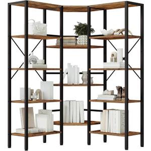 HOOBRO Industrial Corner Bookshelf, 5-Tier L-Shaped Bookcase, Open Display Storage Rack, Floor Standing Storage Shelf, for Living Room, Bedroom, Home Office, Rustic Brown and Black BF68SJ01, 46.8"L x 9.4"W x 54.3"H