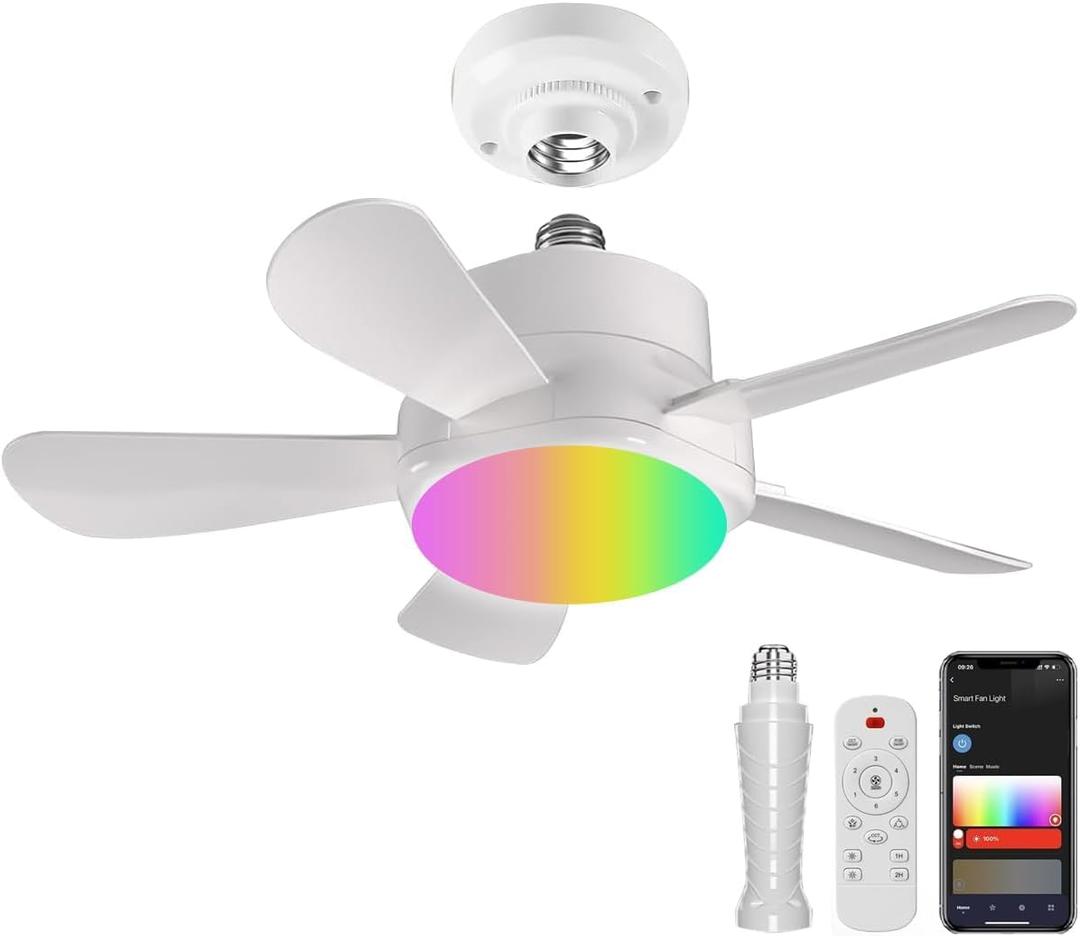 Ligency Smart Socket Fan Light with Remote, 16 inch Small Socket Ceiling Fan Light with RGBW, E26 Screw in Ceiling Light Bulb Fan, 1800Lm, Work with Alexa & Google Assistant for Garage Bedroom, White