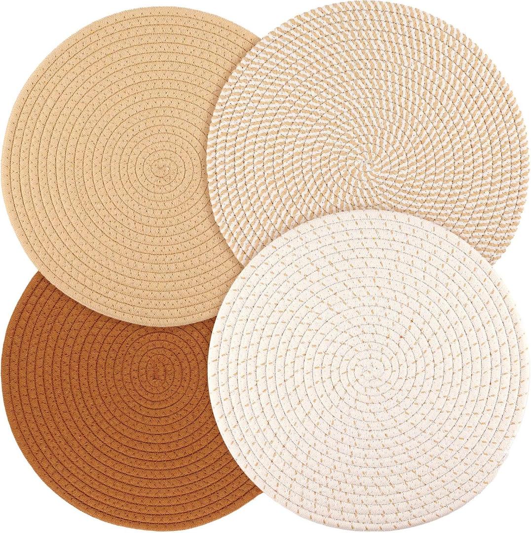 Billbotk Round Woven Placemats Set of 4, 13 Inches Kitchen Table Place Mats for Dining Table, Trivets for Hot Pots and Pans, Boho Table Setting Decor, Fall Decorations for Home (Mixed Brown)