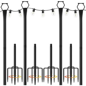 4 Pack String Light Poles for Outside, 10Ft Light Poles for Outdoor String Lights, Adjustable Outdoor String Light Poles with Fork,Metal Fence Post for Patio,Backyard,Deck