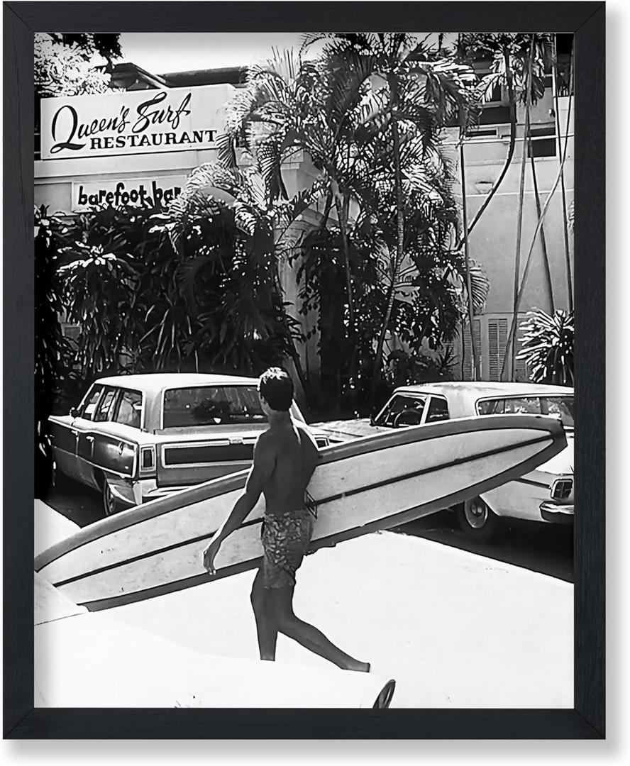 Poster Master Surfboard Print - Walking Surfer Poster - Surfing & Sports Art - Palm Trees Wall Design - Black and White Photography Art - Ocean or Beach House Coastal Decor - 8x10 UNFRAMED Wall Art (8L" x 10W", Style-08)