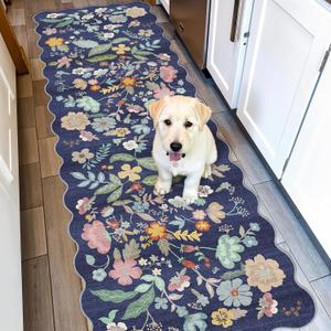 2x6 Hallway Floral Rug Runner: Washable Non Slip Low Pile Area Rug for Kitchen Front Door Soft Water Resistant Carpet for Bathroom Light Weight Durable Floor Mat for Bedroom Nursery(2x6/Blue/Purple)
