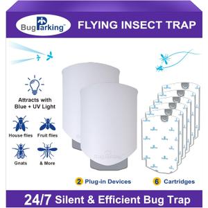 Flying Insect Trap, Plug-in UV Light for Gnats, Fruit Flies and Houseflies, Silent Sticky Catcher for Indoor Use, 2 Devices & 6 Refills