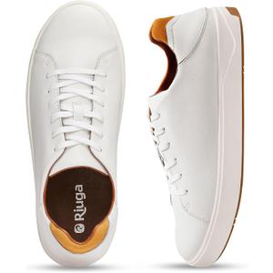 Men's Fashion Leather Sneakers - Casual Dress Shoes with Arch Support &Collapsible Heel，All Weather Rubber Soles, Comfortable Walking Shoes for Men (White)