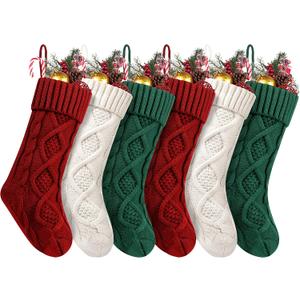 Fesciory Christmas Stockings, 6 Pack 18 Inches Large Size Cable Knitted Stocking Gifts & Decorations for Family Holiday Xmas Party, Burgundy & Ivory & Green