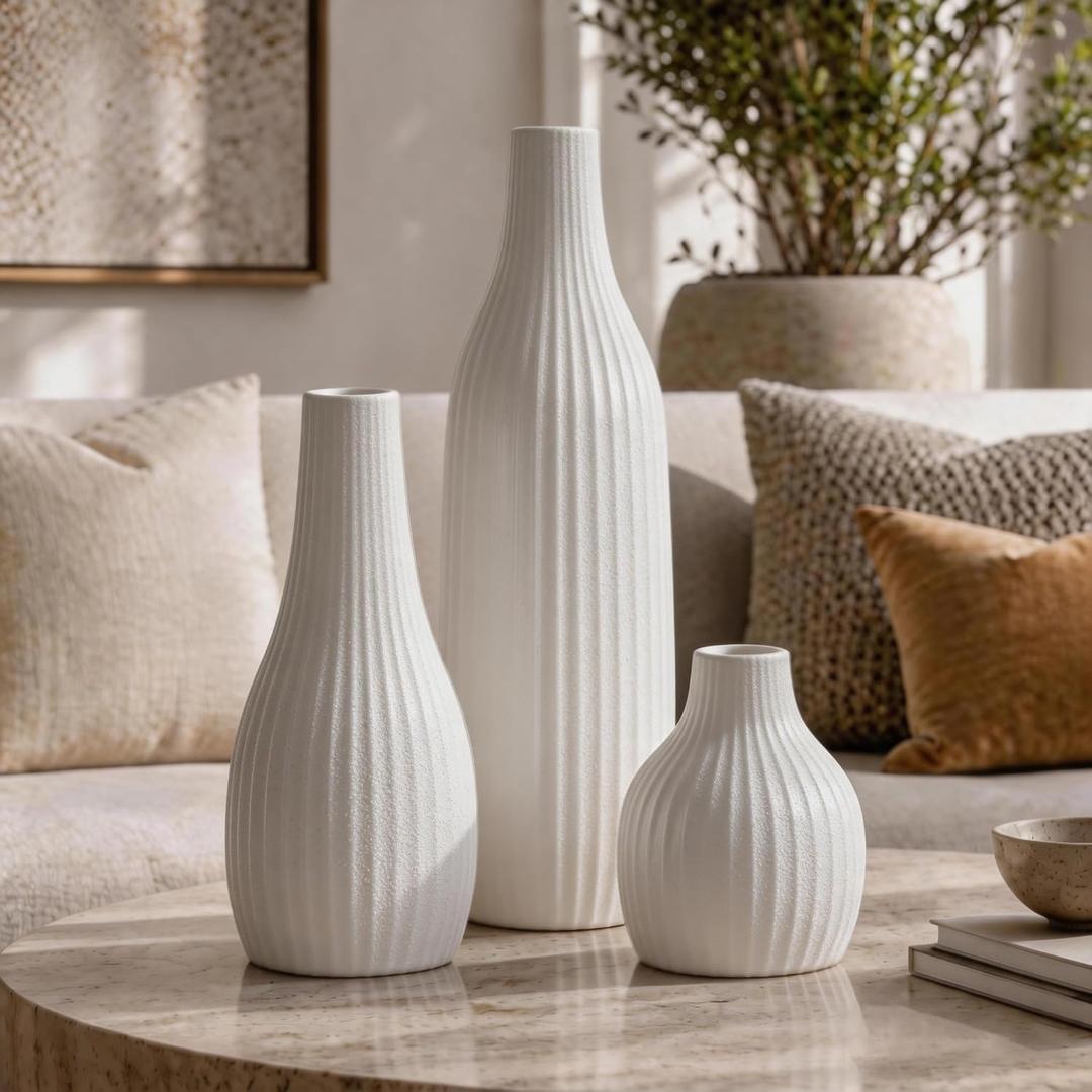 Minimal Line White Ceramic Vase Set of 3 - Modern Nordic Boho Decorative Vases for Home Table Decor, Shelf, Entryway, Coffee Table, Dining Table Centerpiece, Fireplace Mantel - Matte White