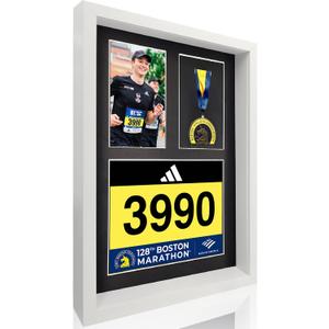 3-in-1 Shadow Box Display with Real Glass (Medal, Race Bibs, and Photo Display) Marathon Medal Display and Frame, Triathlon & Running Bib Holder, Wall-Mounted, Real Tempered Glass- White