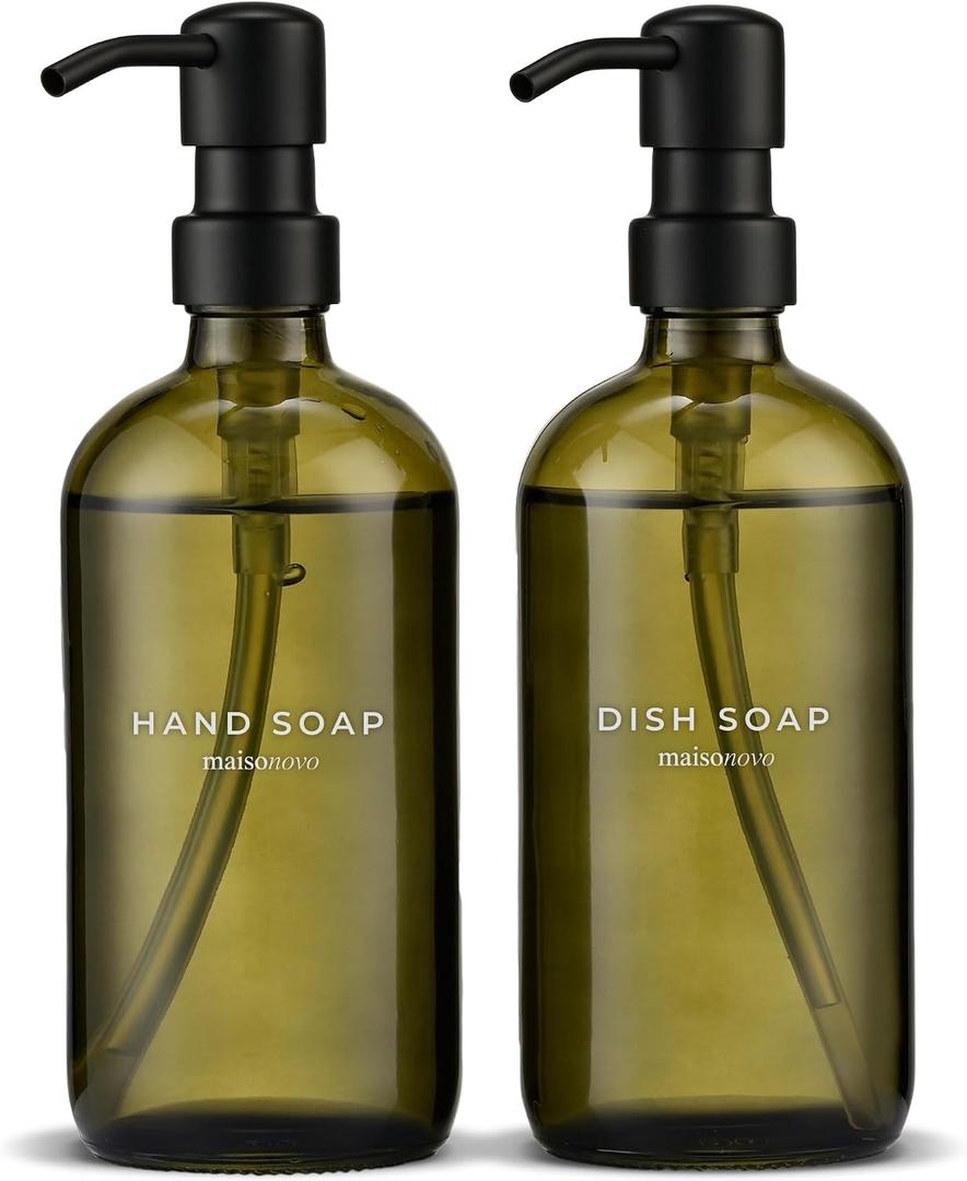 MaisoNovo Soap Dispenser 2-Piece Set | 16.9oz Green Bottles with Black Plastic Pumps