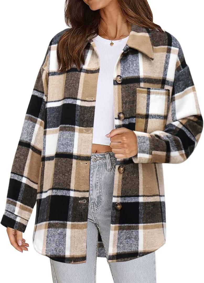 Beaully Women's Flannel Plaid Shacket Long Sleeve Button Down Shirts Jacket Coats with Side Pockets (Brown/Black)