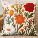 Embroidered Throw Pillow Cover 18x18 Inch - Spring Summer Boho Decorative Pillow Cover with Zipper for Living Room Couch Sofa Bed Aesthetic Design Flower Cluster Cushion Pillowcase