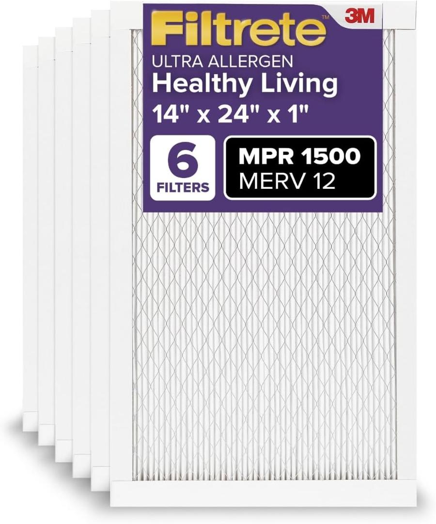 Filtrete 14x24x1 AC Furnace Air Filter, MERV 12, MPR 1500, CERTIFIED asthma & allergy friendly, 3 Month Pleated 1-Inch Electrostatic Air Cleaning Filter, 6-Pack (Actual Size 13.81x23.81x0.78 in)