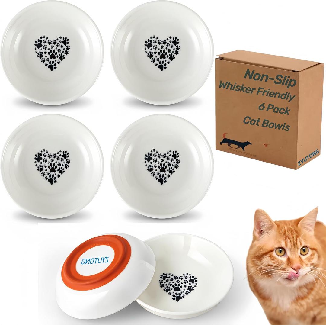Ceramic Cat Bowl Whisker Friendly, Non-Slip Cat Food Bowls 6-Pack | Whisker Fatigue Cat Dishes, Shallow Wide Cat Plate, Lead-Free, Silicone Base, Microwave Dishwasher Safe, Wet Dry Food Water