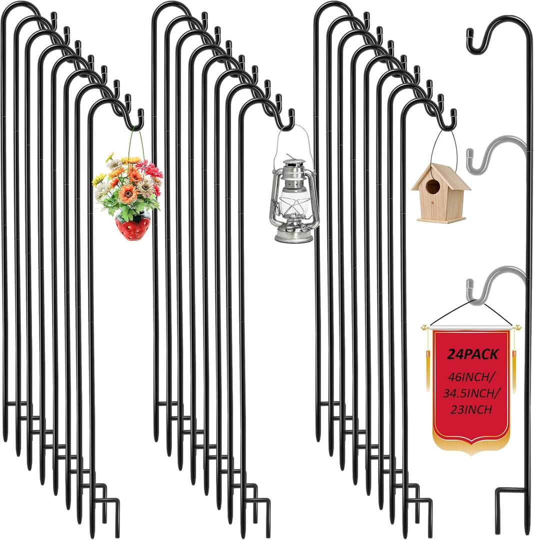 Hicarer 24 Pack 46 Inch Shepherds Hooks Outdoor Plant Hanger Metal Shepherd's Hook Black Garden Bird Feeder Pole for Hanging Solar Lanterns Flower Basket Jars Christmas Lights Wedding Decor