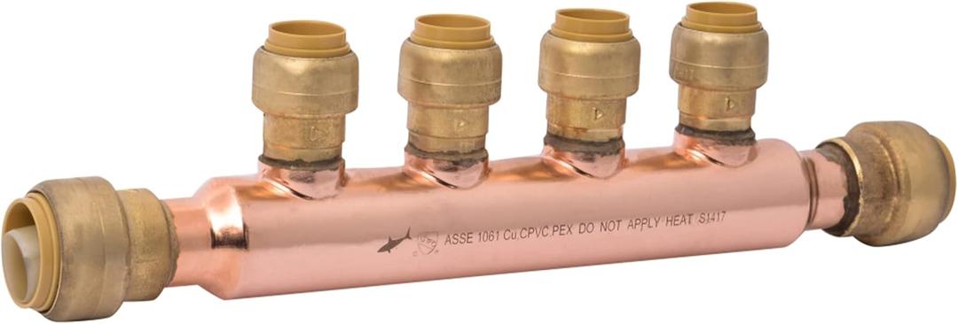 SharkBite 3/4 Inch x 1/2 Inch Outlet 4 Port Open Multi-Port Tee, Push-to-Connect Brass Plumbing Fittings, PEX, Copper, CPVC, 25554LF