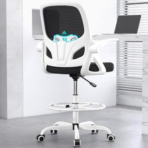Tall Drafting Chair with Footrest Ring for Home and Work, Ergonomic Home Desk Office Chair with Flip up Arms and Lumbar Support, Extended Height Executive Home Desk Office Chair(White)