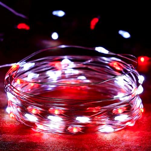 3-Pack Red and White Fairy Lights Battery Operated with Timer, Waterproof 16FT 50 LED String Lights Outdoor Indoor, Christmas Lights for Bedroom Home Wedding Birthday Xmas Parties and Centerpieces