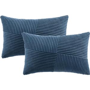 Fancy Homi Set of 2 Dusty Blue Boho Lumbar Rectangle Decorative Throw Pillow Covers 12x20 Inch with Diagonally Pattern for Couch Bed Sofa, Soft Corduroy Accent Modern Farmhouse Home Decor 30x50 cm