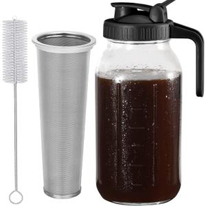 Cold Brew Coffee Maker Pitcher, 64 Oz Heavy Duty Glass Mason Jar Pitcher with Vshaped Pour Spout Handle Lid,Stainless Steel Filter for Iced Coffee,Iced tea,Fruit Drinks,lemonade  Black